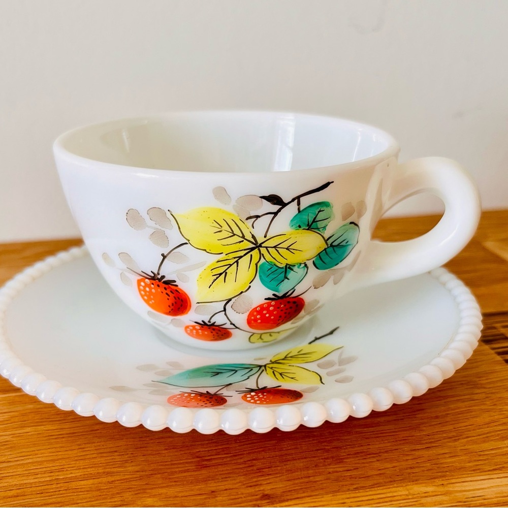 Westmoreland Glass Co. Teacup & Saucer Milk Glass -Strawberry